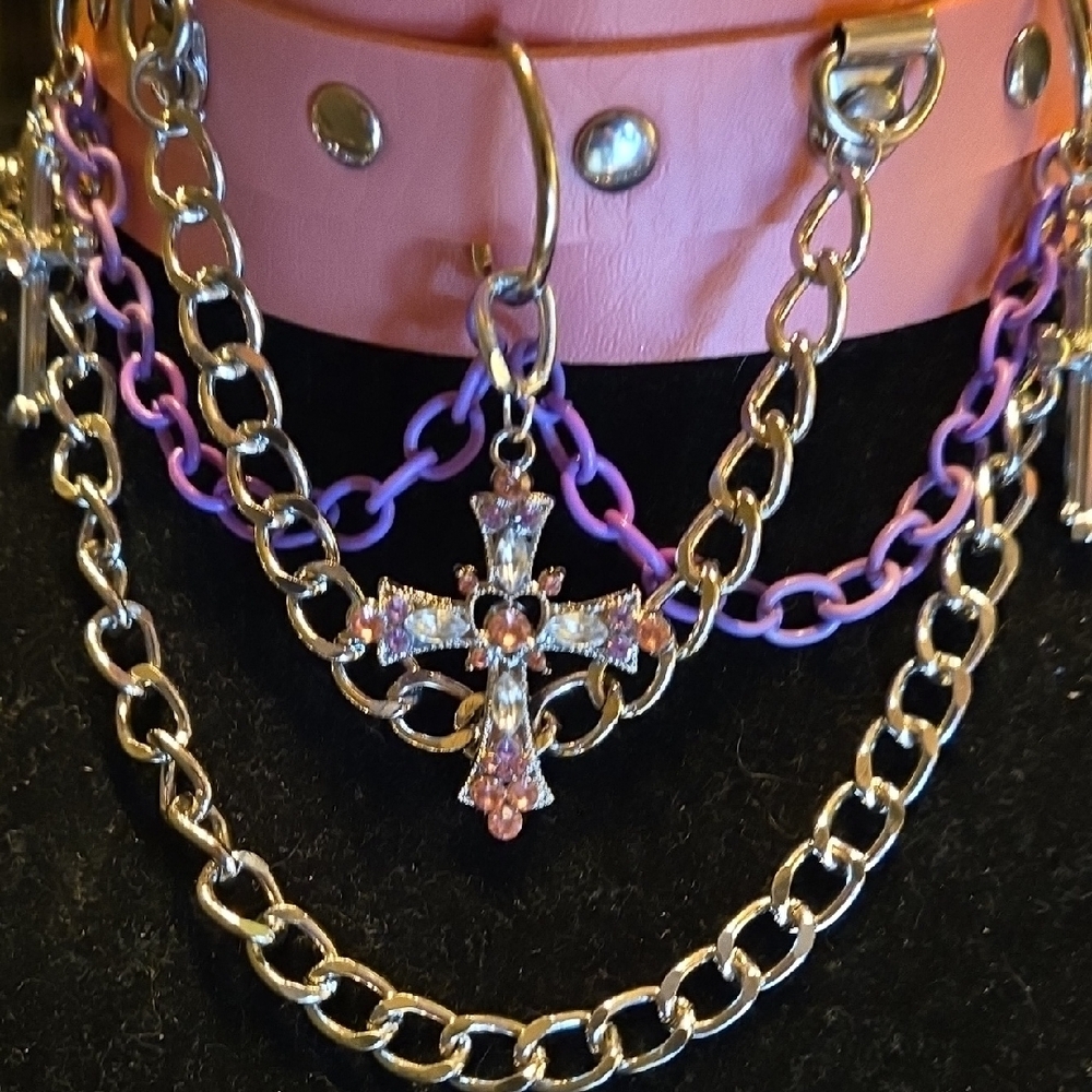 Lavendar and Silver Chain Choker with Cross Pendants